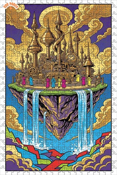 Teona Ahşap Flying Castle Steampunk Art Double Decker Framed Wooden Puzzle 50...