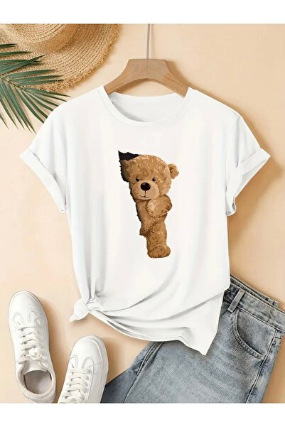 FUFLUNS Bear Printed Women's Circular Neck Oversize T-Shirt