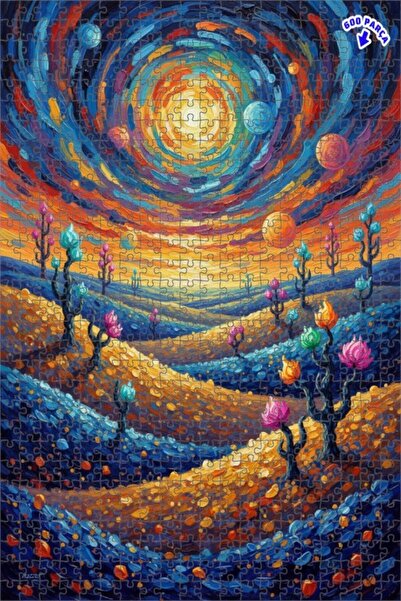 Teona Ahşap Galaxy Flowers Oil Painting Look Double Layer Framed Wooden Puzzl...