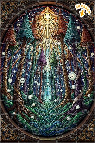 Teona Ahşap لغز خشبي بتصميم الغابة السحرية بمظهر الزجاج الملون، لغز خشبي بإطا...