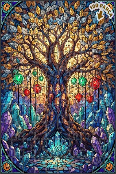 Teona Ahşap لغز خشبي مؤطر بطبقتين بتصميم فن الموزاييك الزجاجي لشجرة الرون الغ...