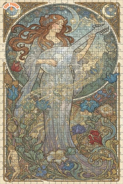 Teona Ahşap Moonlight Melody Oil Painting Look Art Nouveau Double Layer Frame...