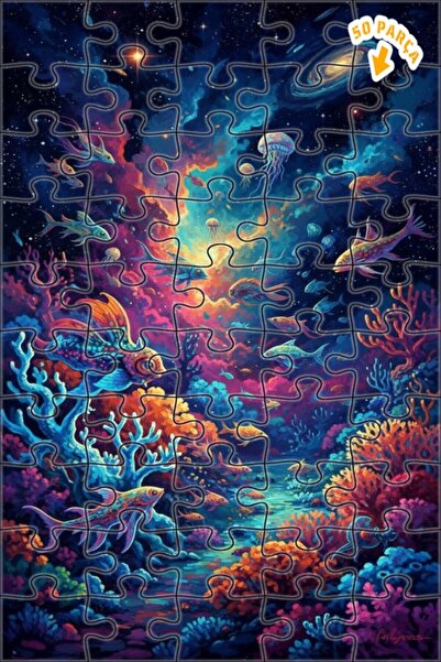 Teona Ahşap Fantastic Galaxy Sea Creatures Oil Painting Double-Deck Framed Wo...