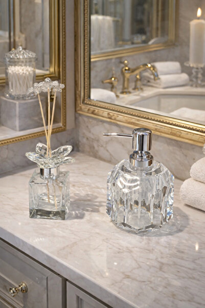 sahane & bazaar Sıvı sabunluk ve kristal taşlı koku şişesi banyo seti sabunluk