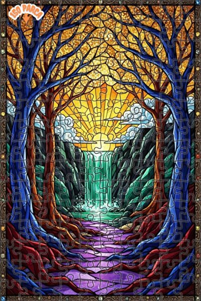 Teona Ahşap لغز خشبي بمنظر شلال الغابة السحرية مع زجاج ملون 150 قطعة 20×30