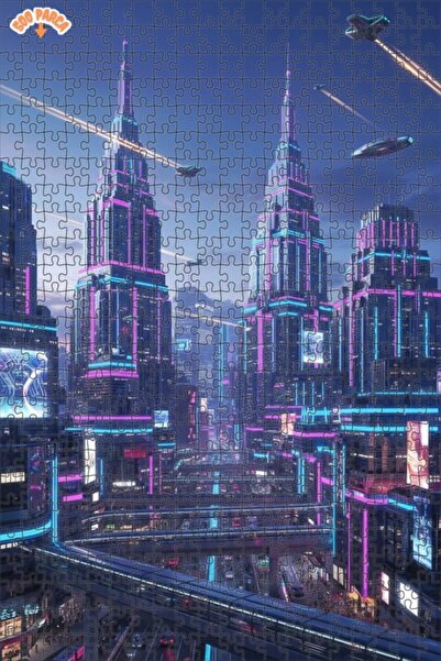 Teona Ahşap Futuristic Cityscape Oil Painting Look Double-Decker Framed Woode...