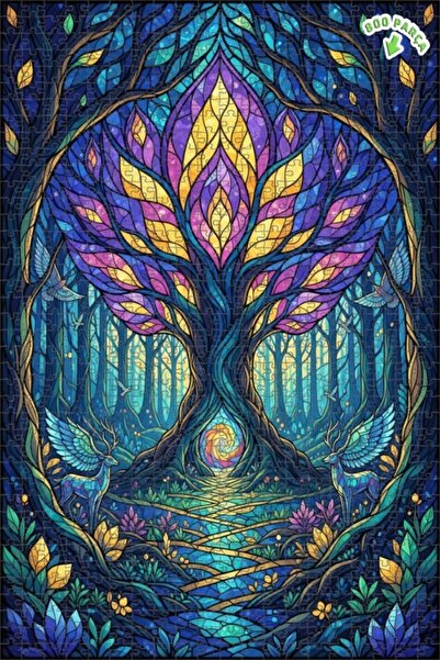 Teona Ahşap لغز خشبي مؤطر بطبقتين بمظهر فسيفساء زجاجي لشجرة الحياة في الغابة ...