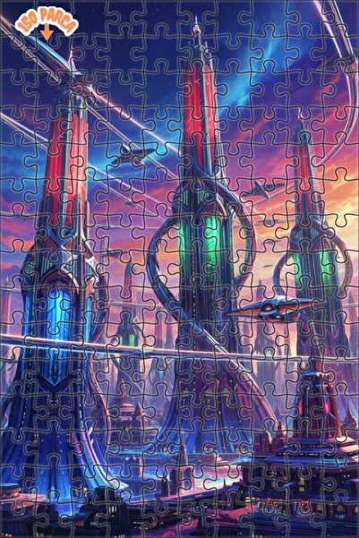 Teona Ahşap Futuristic Cityscape Digital Print Look Double Layer Framed Woode...