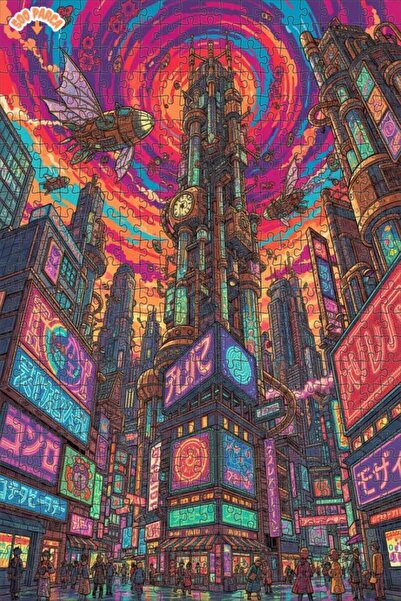 Teona Ahşap Futuristic Cyberpunk Cityscape Oil Painting Double-Decker Framed ...