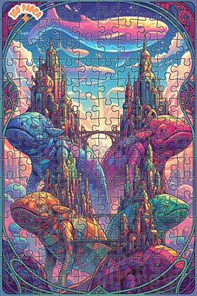 Teona Ahşap Magic City of Whales Oil Painting Look Double Layer Framed Wooden...