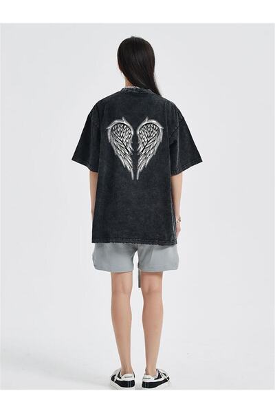 Le Savu Washable Wing Skeleton Back Printed Unisex Oversized Vintage T-Shirt