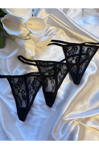 Lady moon Kadın Dantelli İpli Pamuk Tanga Külot - 3 Adet Siyah Renk