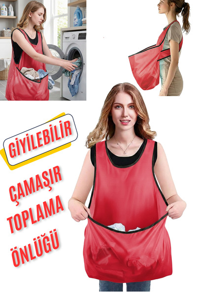 KAŞIKBEY Washing Temiz-Kirli Çamaşır Sepeti Önlük Giyilebilir Katlanır Çamaşır Taşıma Önlüğü Çamaşırlık