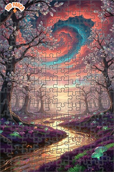 Teona Ahşap Mysterious Forest Stream Oil Painting Look Double-Deck Framed Woo...