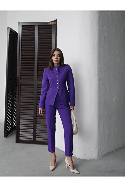Swass Bella Jeweled Buttoned High Neck Jacket and Skinny Leg Pants Set Purple