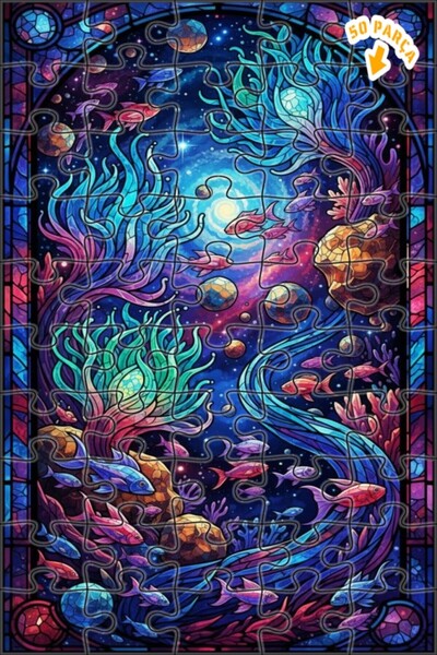 Teona Ahşap Galaxy Aquarium Glass Mosaic Look Wooden Puzzle Double Layer Fram...