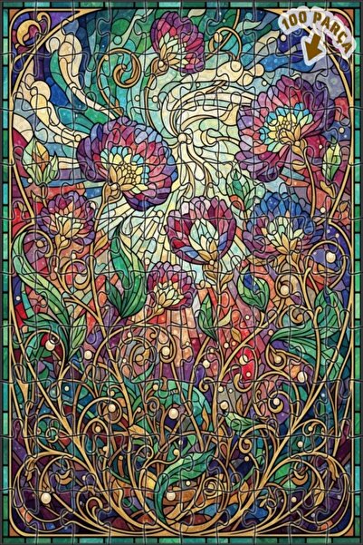 Teona Ahşap لغز خشبي على شكل حديقة زهور سحرية بمظهر الزجاج الملون 100 قطعة 25x25