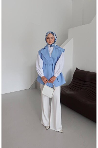 Evim Sepeti Women's Belted Blazer Collar Transitional Long Modern Vest