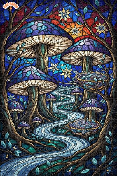 Teona Ahşap Enchanted Mushroom Forest Stained Glass Art Double Layer Framed W...