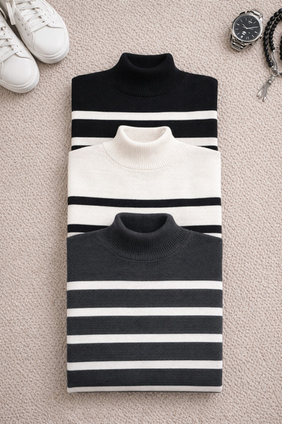 SKYBEAR 3-Piece Striped Unisex Winter Turtleneck Knit Sweater Knitted High-Ne...