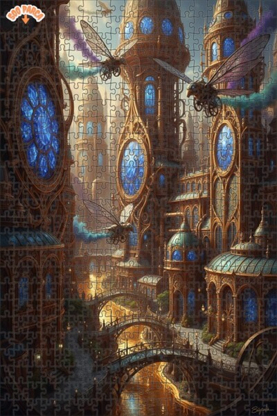 Teona Ahşap Steampunk Fairytale Cityscape Oil Painting Double-Decker Framed W...