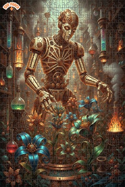 Teona Ahşap Steampunk Robot Botanical Laboratory Oil Painting Look Wooden Puz...
