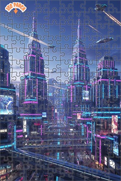 Teona Ahşap Futuristic Cityscape Oil Painting Look Double Layer Framed Wooden...