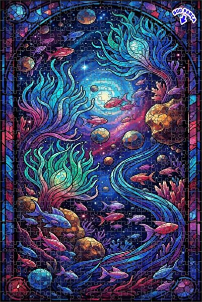 Teona Ahşap Galaxy Aquarium Glass Mosaic Looking Double-Decker Framed Wooden ...