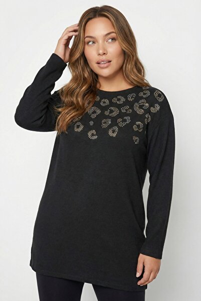 Stil Diva Великий розмір М'яка тканина Чорна туніка з камінням 520926