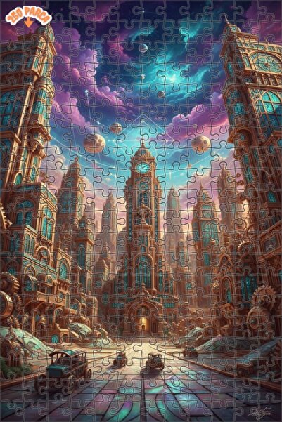 Teona Ahşap لوحة زيتية لمنظر مدينة غامضة بطراز ستيمبانك، لغز خشبي بإطار من طا...