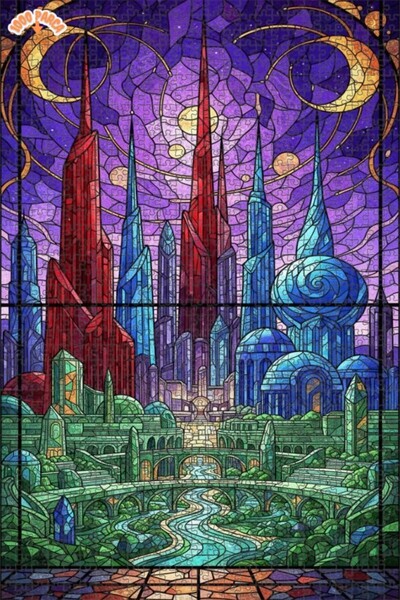 Teona Ahşap لغز خشبي بمنظر مدينة زجاجية ملونة 1000 قطعة 70×50