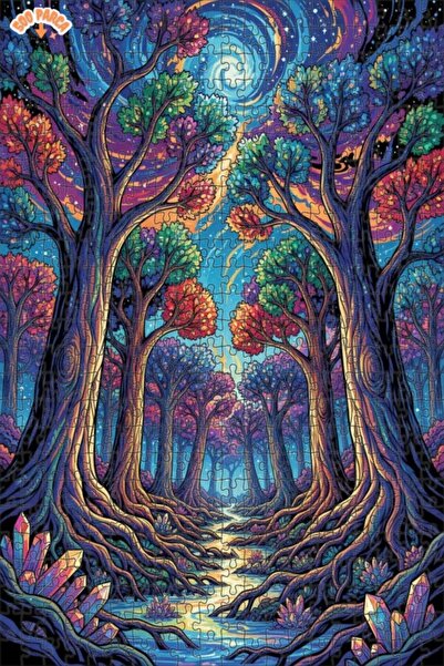Teona Ahşap Magical Forest Dream Colorful Trees Oil Painting Double-Deck Fram...