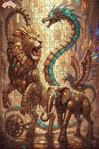 Teona Ahşap لغز خشبي ميكانيكي على شكل أسد وتنين وفيل بإطار مزدوج الطبقات 500 ...