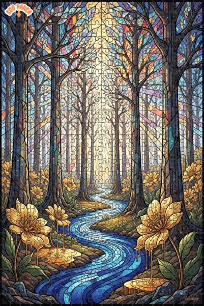 Teona Ahşap Enchanted Forest Water Stained Glass Art Double Layer Framed Wood...