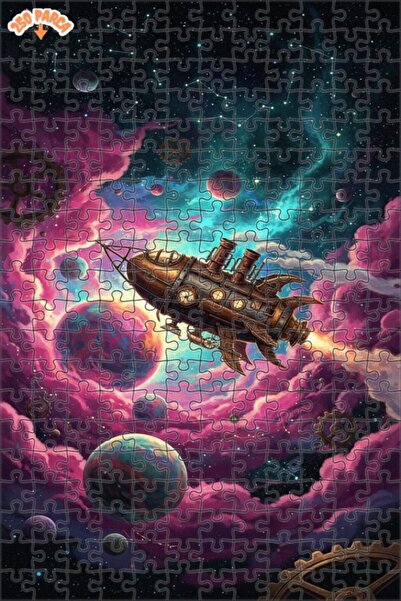 Teona Ahşap Steampunk Rocket Galaxy Journey Oil Painting Double-Deck Framed W...