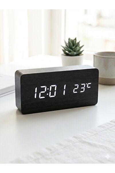 Duru Dijital Ahşap Görünümlü Sese Duyarlı Led Ekranlı Dijital Masa Saati Term...
