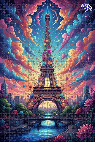 Teona Ahşap برج إيفل خلف السحاب الملونة، لوحة زيتية، لغز خشبي بإطار مزدوج الط...