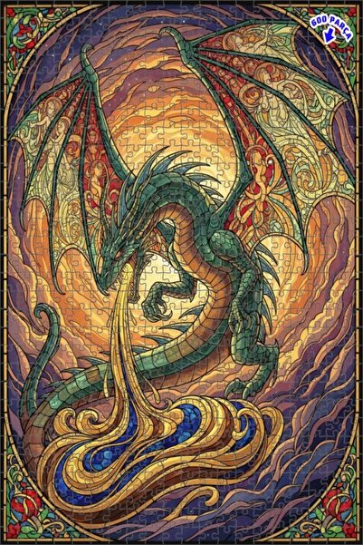 Teona Ahşap لغز خشبي مؤطر بطبقتين بتصميم فني من الزجاج الملون على شكل تنين سح...