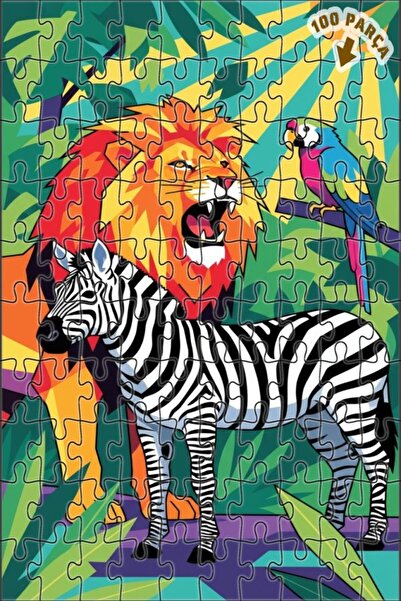 Teona Ahşap Aslan Zebra Papağan Orman Sanatı Çift Katlı Çerçeveli Ahşap Puzzl...
