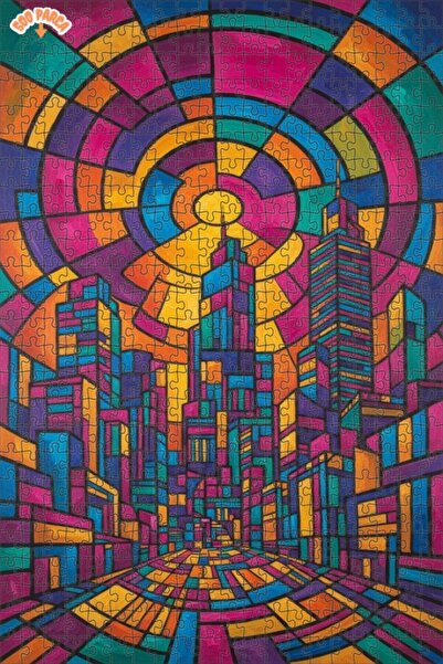 Teona Ahşap Vibrant Cityscape Oil Painting Look Double Layer Framed Wooden Pu...