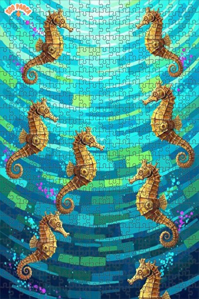 Teona Ahşap Sea Horse Art Oil Painting Look Double Layer Framed Wooden Puzzle...