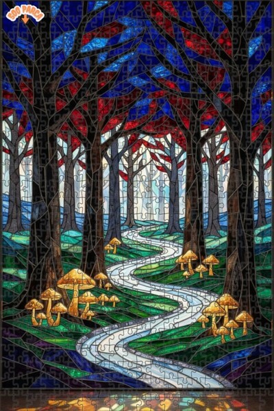 Teona Ahşap لغز خشبي مؤطر ذو طابقين بمظهر فني من الزجاج الملون لطريق الغابة ا...