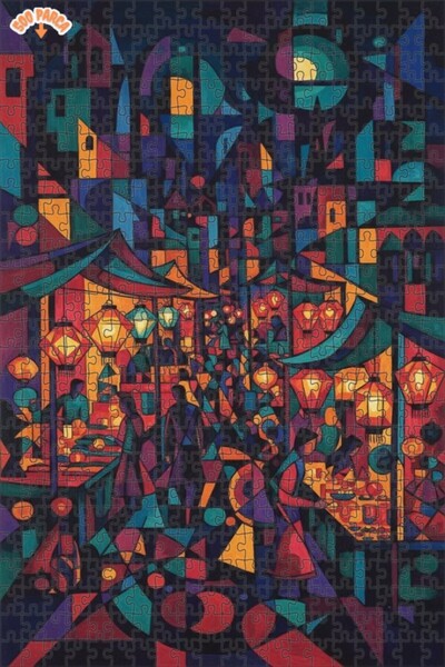 Teona Ahşap Geometric City Lights Watercolor Look Wooden Puzzle 500 Pieces 50X30