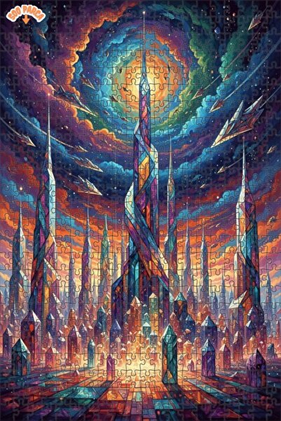 Teona Ahşap Crystal City Space Ships Watercolor Look Wooden Puzzle 500 Pieces...