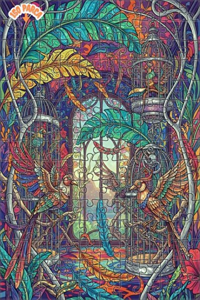 Teona Ahşap Magical Birdcage Art Oil Painting Look Double-Deck Framed Wooden ...