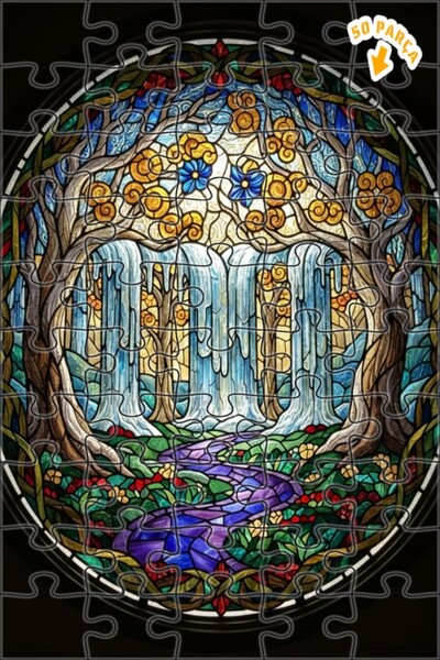 Teona Ahşap لغز خشبي مؤطر بطبقتين بتصميم فني من الزجاج الملون لشلال الغابة ال...