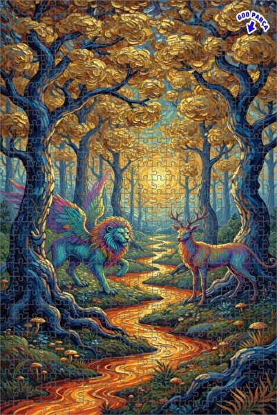 Teona Ahşap لغز فني بتصميم الأسد المجنح وغابة الغزلان بمظهر لوحة زيتية 600 قط...