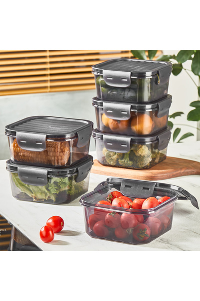 YAZICI 6-Piece Leakproof Square Storage Container Set – Black Lid, 1.4 Liter,...