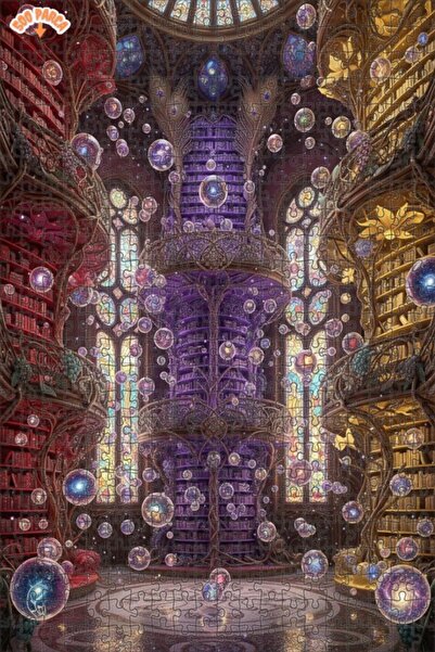 Teona Ahşap Mysterious Library Bubbles Oil Painting Double-Decker Framed Wood...