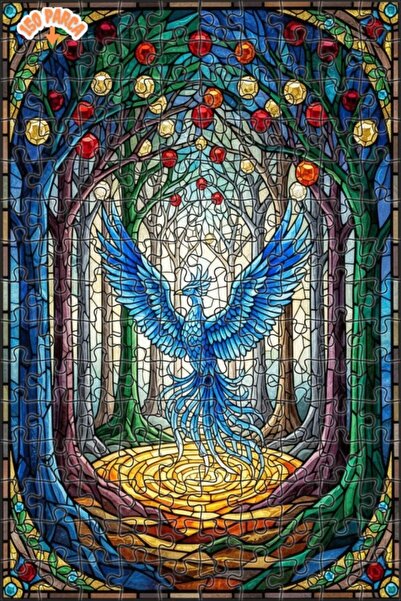 Teona Ahşap Mystical Forest Blue Phoenix Oil Painting Look Double-Deck Framed...